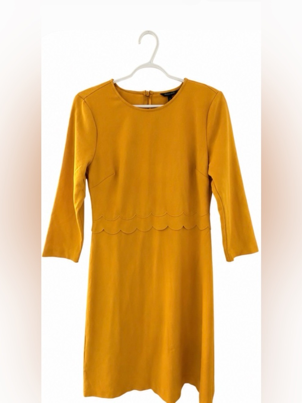 Banana Republic Mustard 3/4 Sleeve Dress with Scallop Trim